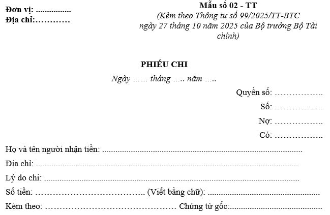Mẫu phiếu chi mới nhất (Mẫu 02-TT) theo Thông tư 99