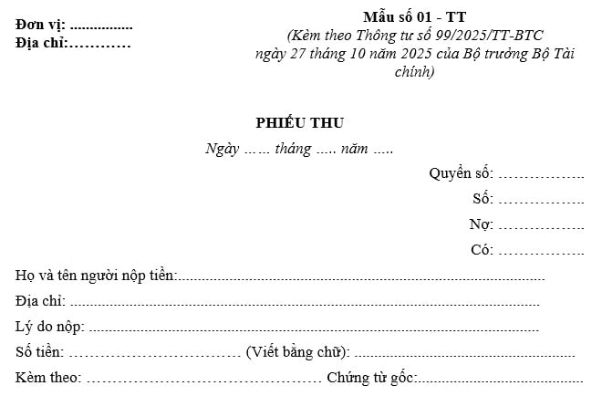 Mẫu phiếu thu mới nhất (Mẫu 01-TT) theo Thông tư 99