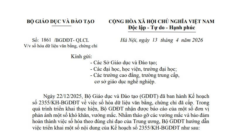 Công văn 1861: Bộ GD&ĐT chỉ đạo về số hóa dữ liệu văn bằng chứng chỉ 