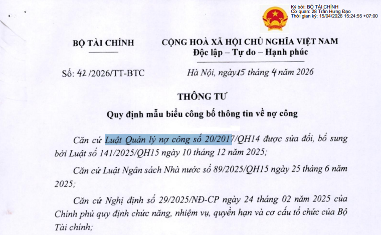 Đã có Thông tư 42/2026/TT-BTС về mẫu biểu công bố thông tin về nợ công