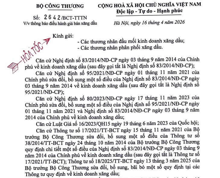 Công văn 2642 thông báo giá xăng dầu từ 0h ngày 16/4/2026