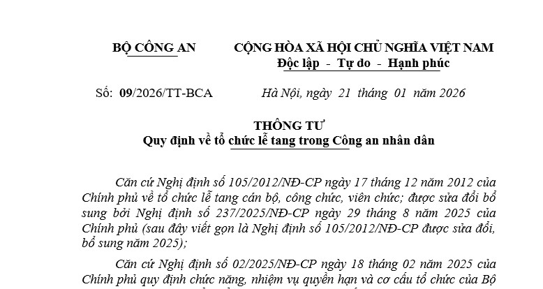 Thông tư 09/2026/TT-BCA về tổ chức lễ tang trong Công an nhân dân
