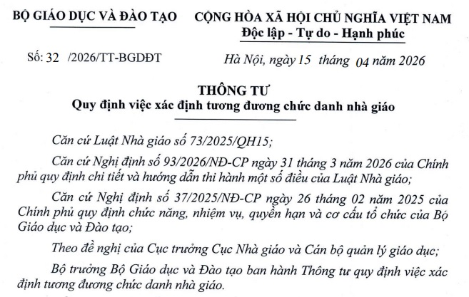Đã có Thông tư 32/2026/TT-BGDĐT về xác định tương đương chức danh nhà giáo