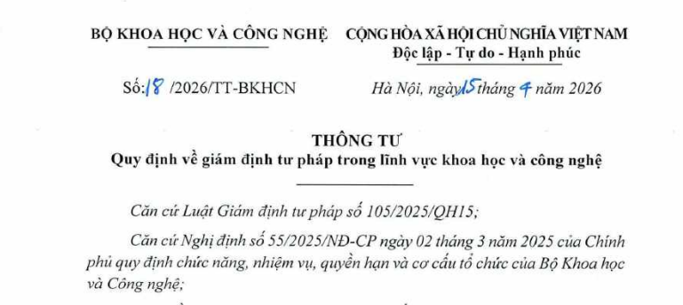 Đã có Thông tư 18/2026/TT-BKHCN về giám định tư pháp khoa học công nghệ
