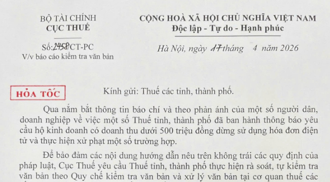 Công văn 2458/CT-PC hỏa tốc về xuất hóa đơn của HKD có doanh thu dưới 500 triệu