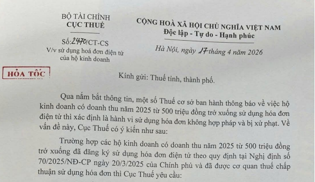 Công văn 2470/CT-CS hỏa tốc về sử dụng hóa đơn điện tử của hộ kinh doanh