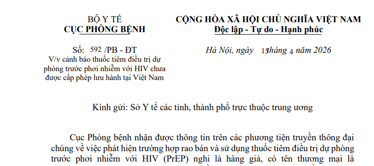 Công văn 592/PB-ĐT: Bộ Y tế cảnh báo thuốc điều trị dự phòng HIV chưa được cấp phép