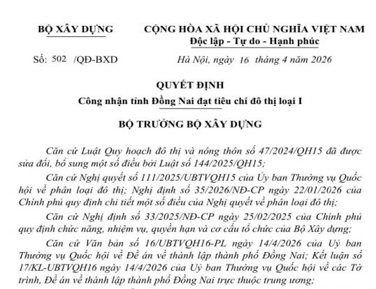 Đã có Quyết định 502/QĐ-BXD công nhận tỉnh Đồng Nai đạt tiêu chí đô thị loại I