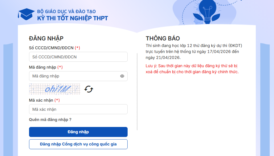 Link thử đăng ký dự thi tốt nghiệp THPT năm 2026