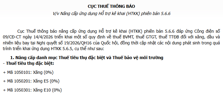 Nội dung nâng cấp ứng dụng Hỗ trợ kê khai phiên bản 5.6.6 (phần mềm HTKK 5.6.6) mới nhất