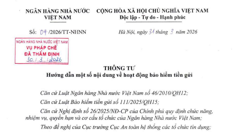 Đã có Thông tư 04/2026/TT-NHNN hướng dẫn hoạt động bảo hiểm tiền gửi mới nhất
