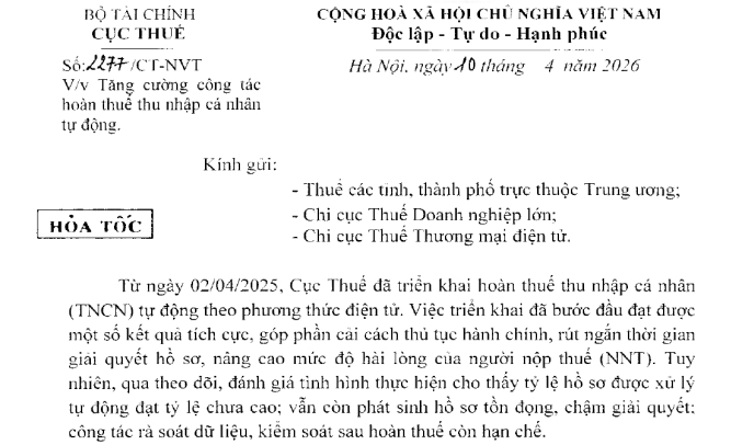 Công văn 2277/CT-NVT tăng cường công tác hoàn thuế TNCN tự động