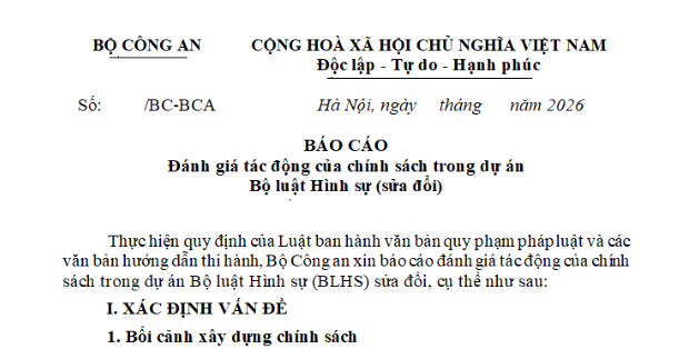 Dự thảo hồ sơ chính sách dự án Bộ luật Hình sự (sửa đổi)