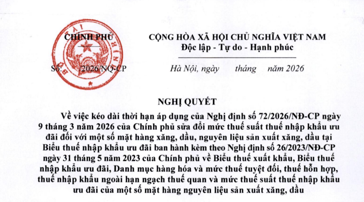 Đã có dự thảo kéo dài thời hạn áp dụng Nghị định 72/2026 giảm thuế nhập khẩu ưu đãi xăng dầu