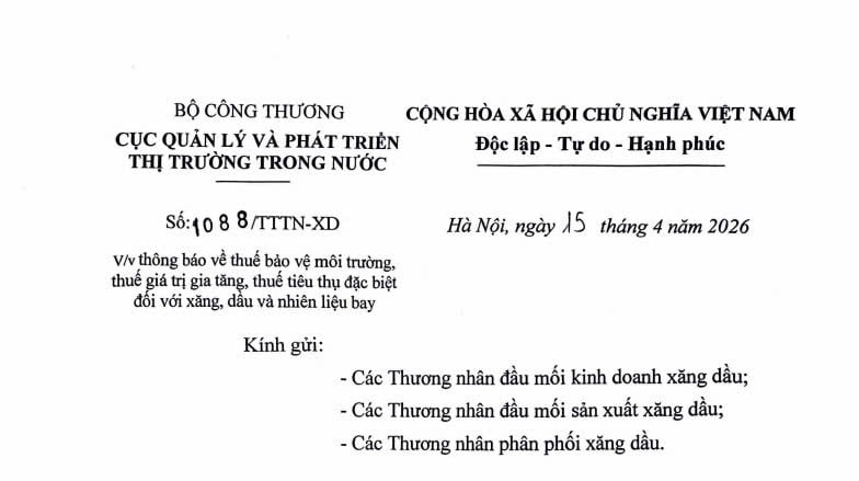 Công văn 1088/TTTN-XD: Thông báo về giảm thuế với xăng dầu 