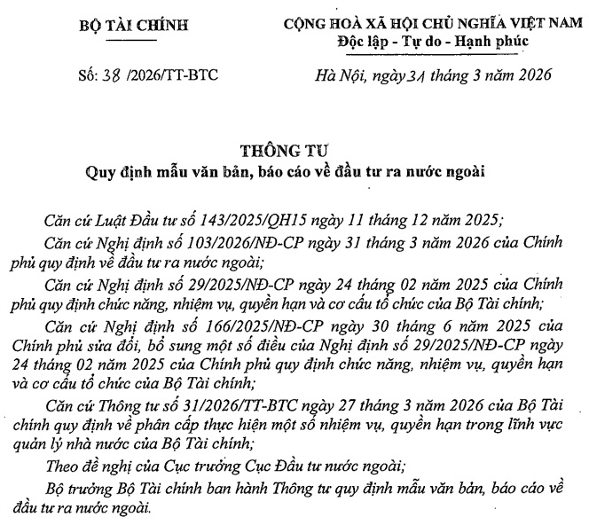 Đã có Thông tư 38/2026/TT-BTC mẫu văn bản về đầu tư ra nước ngoài