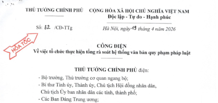 (Hỏa tốc) Công điện 32 về tổ chức tổng rà soát hệ thống văn bản quy phạm pháp luật
