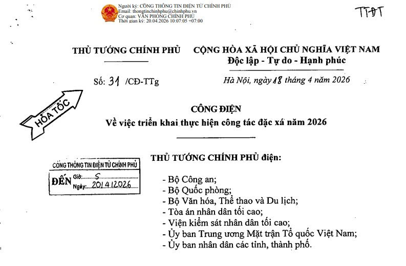 Đã có Công điện 31/CĐ-TTg triển khai thực hiện công tác đặc xá năm 2026