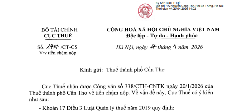Công văn 2477/CT-CS: Hướng dẫn mới của Cục Thuế về chậm nộp tiền thuế