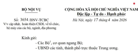Công văn 3654/BNV-TCBC: Hoàn thành cập nhật thông tin vị trí việc làm, tinh giản biên chế trước 30/4