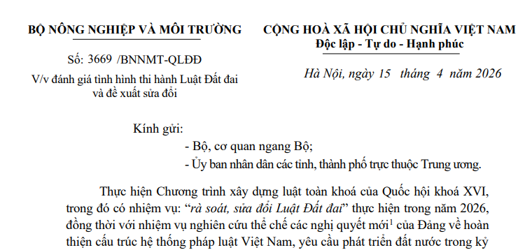 Toàn văn Công văn 3669/BNNMT-QLĐĐ đánh giá thi hành Luật Đất đai và đề xuất sửa đổi