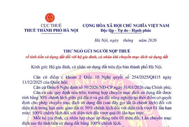 Thư ngỏ về tính tiền sử dụng đất khi chuyển đất nông nghiệp lên đất thổ cư của Thuế Hà Nội 