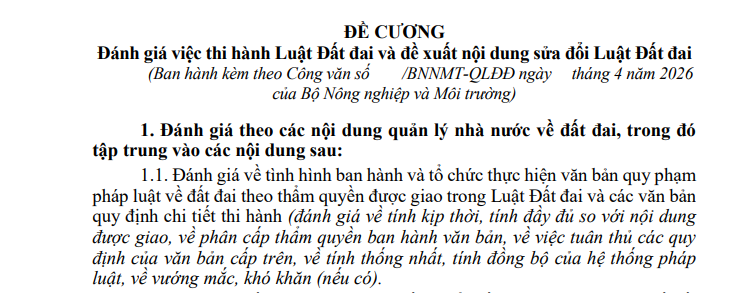 Đề cương đánh giá thi hành Luật Đất đai và đề xuất nội dung sửa đổi Luật Đất đai (Công văn 3669/BNNMT-QLĐĐ)