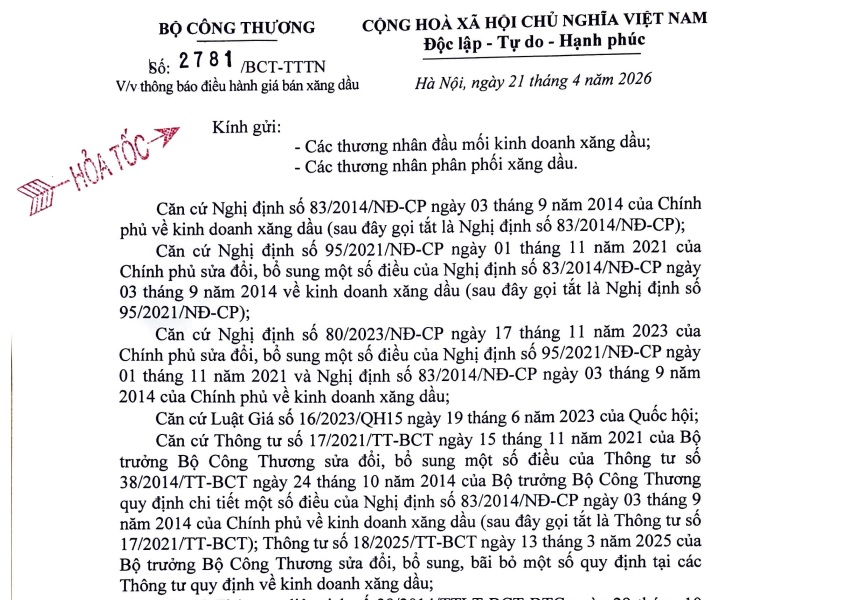 Công văn 2781 thông báo giá xăng dầu từ 16h ngày 21/4/2026