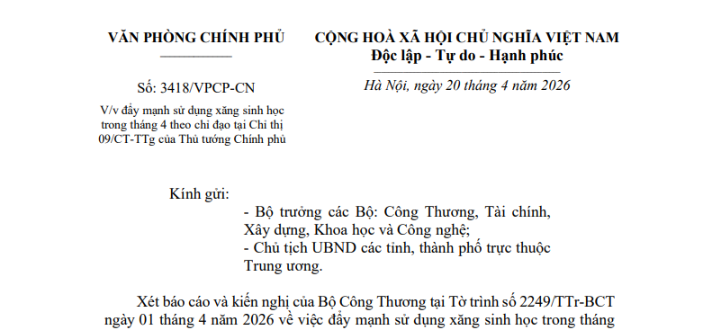 Công văn 3418/VPCP-CN: Chỉ đạo đẩy mạnh sử dụng xăng sinh học trong tháng 4/2026