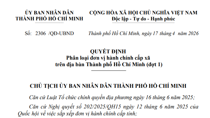 Đã có Quyết định 2306/QĐ-UBND phân loại đơn vị hành chính cấp xã tại TPHCM (đợt 1)