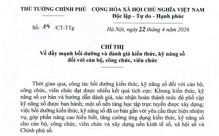 Chỉ thị 14/CT-TTg đẩy mạnh bồi dưỡng và đánh giá đối với cán bộ công chức