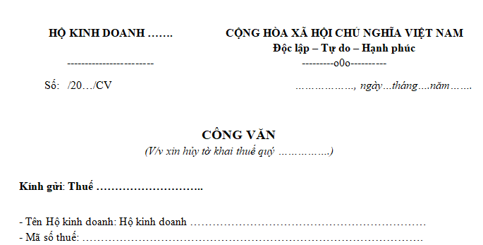 Mẫu văn bản đề nghị hủy tờ khai thuế Quý I năm 2026