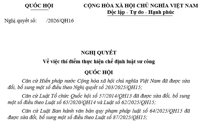 Cập nhật dự thảo Nghị quyết thí điểm luật sư công mới nhất