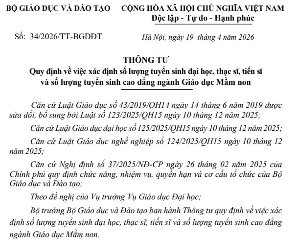 Đã có Thông tư 34/2026/TT-BGDĐT xác định số lượng tuyển sinh đại học