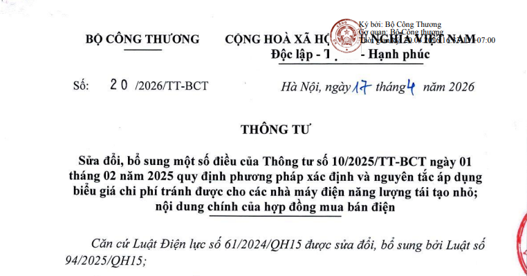 Đã có Thông tư 20/2026/TT-BCT sửa đổi Thông tư 10/2025 về biểu giá chi phí tránh được