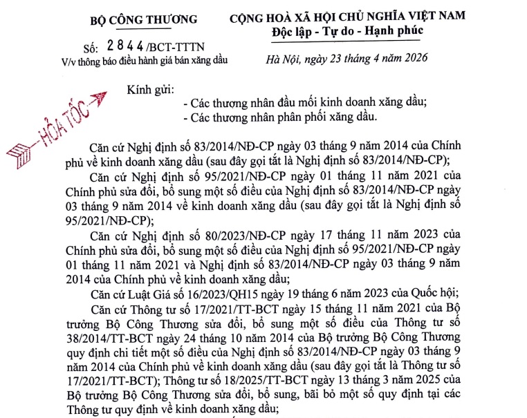 Công văn 2844 thông báo giá xăng từ 15h ngày 23/4/2026