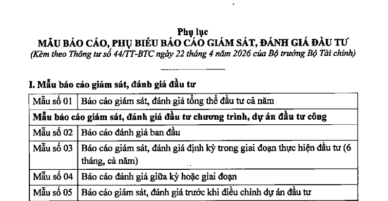 Phụ lục Thông tư 44/2026/TT-BTC toàn bộ mẫu báo cáo, phụ biểu báo cáo giám sát đánh giá đầu tư