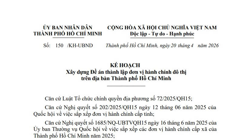 Đề án thành lập đơn vị hành chính đô thị tại TPHCM (Kế hoạch 150/KH-UBND)