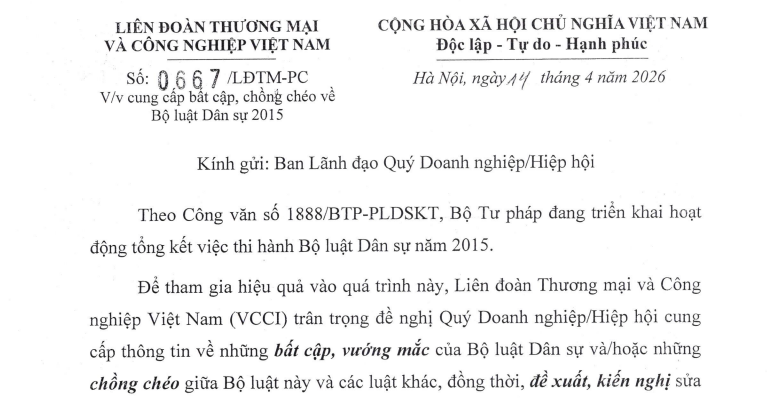 Công văn 0667/LĐTM-PC: Đề nghị cung cấp bất cập chồng chéo về Bộ luật Dân sự 2015