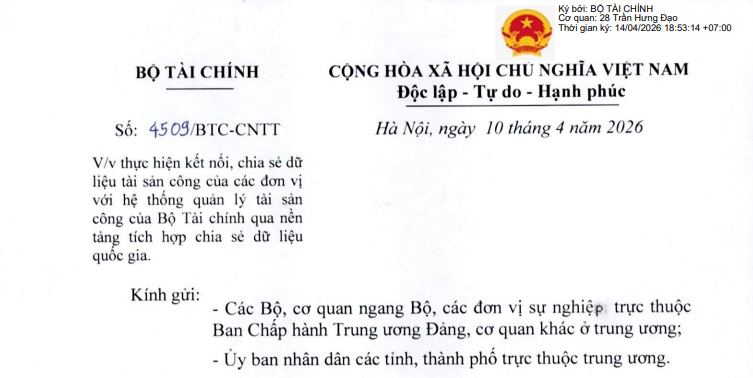 Công văn 4509/BTC-CNTT: Đồng bộ dữ liệu tài sản công qua nền tảng tích hợp chia sẻ dữ liệu quốc gia