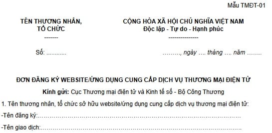 Mẫu đơn đăng ký website cung cấp dịch vụ thương mại điện tử năm 2026