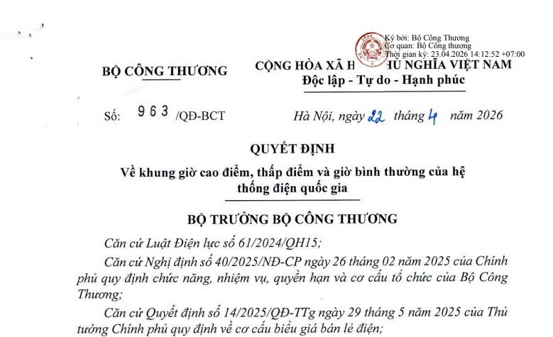 Quyết định 963/QĐ-BCT: Khung giờ cao điểm thấp điểm và giờ bình thường của hệ thống điện quốc gia 