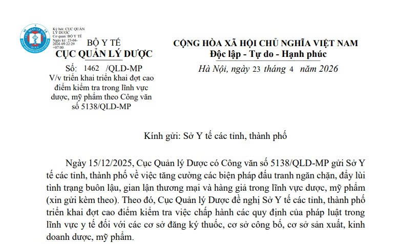 Công văn 1462/QLD-MP: Triển khai đợt cao điểm kiểm tra dược và mỹ phẩm 