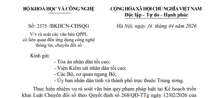 Công văn 2375: Chỉ đạo rà soát văn bản quy phạm pháp luật về ứng dụng công nghệ thông tin, chuyển đổi số