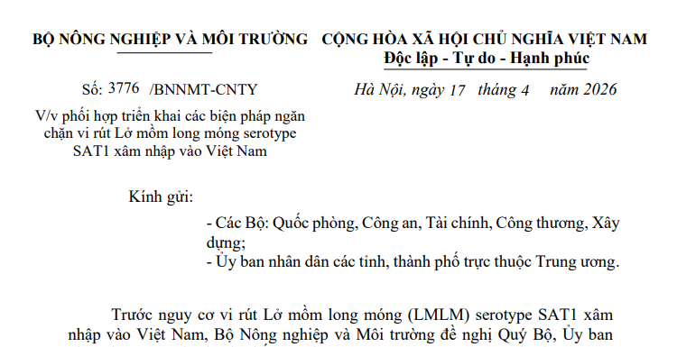 Công văn 3776/BNNMT-CNTY: Ngăn chặn vi rút Lở mồm long móng serotype SAT1 xâm nhập vào Việt Nam