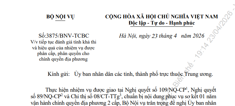 Công văn 3875/BNV-TCBC: Tiếp tục thực hiện phân cấp phân quyền cho chính quyền địa phương