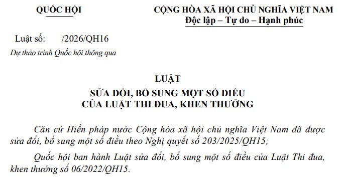 Toàn văn dự thảo Luật Thi đua khen thưởng sửa đổi 2026 (bản trình Quốc hội thông qua)