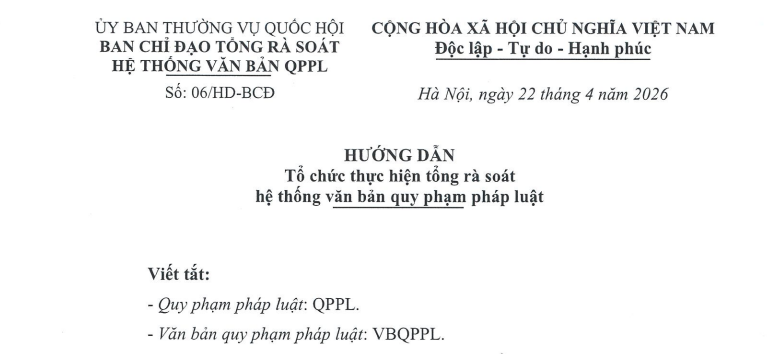 Đã có Hướng dẫn 06/HD-BCĐ thực hiện tổng rà soát hệ thống văn bản quy phạm pháp luật