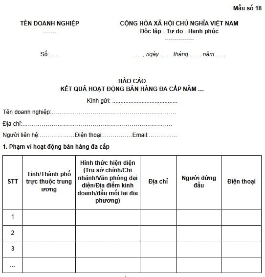 Mẫu báo cáo kết quả hoạt động bán hàng đa cấp từ 01/7/2026