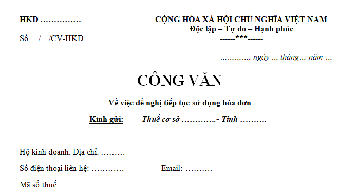 Mẫu Công văn đề nghị tiếp tục sử dụng hóa đơn của hộ kinh doanh